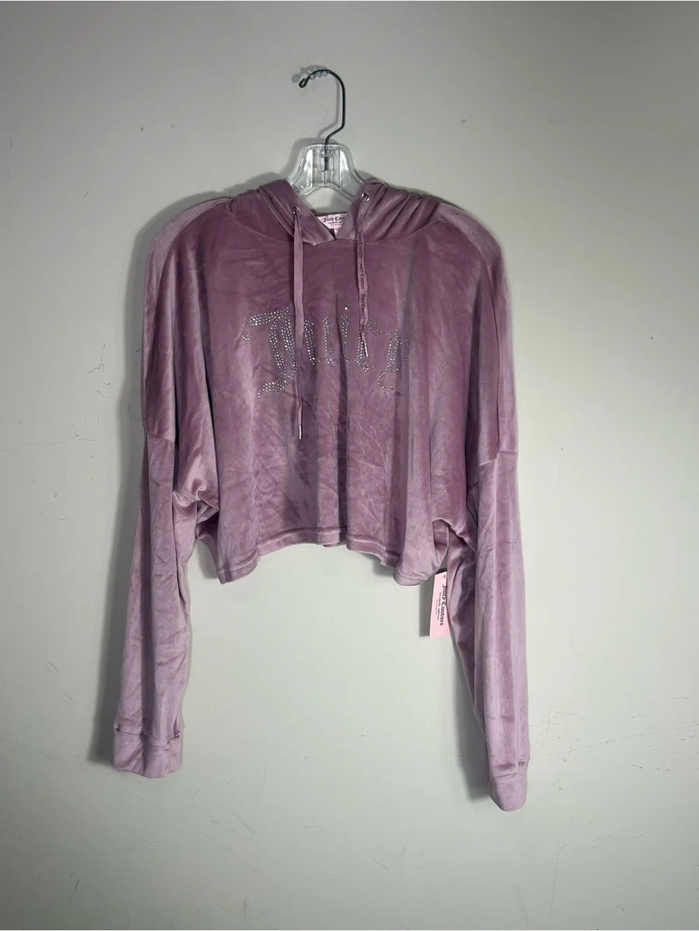 Juicy Couture Velour Crop Hoodie Pants Set Womens L Mauve Y2K Athleisure Sparkle